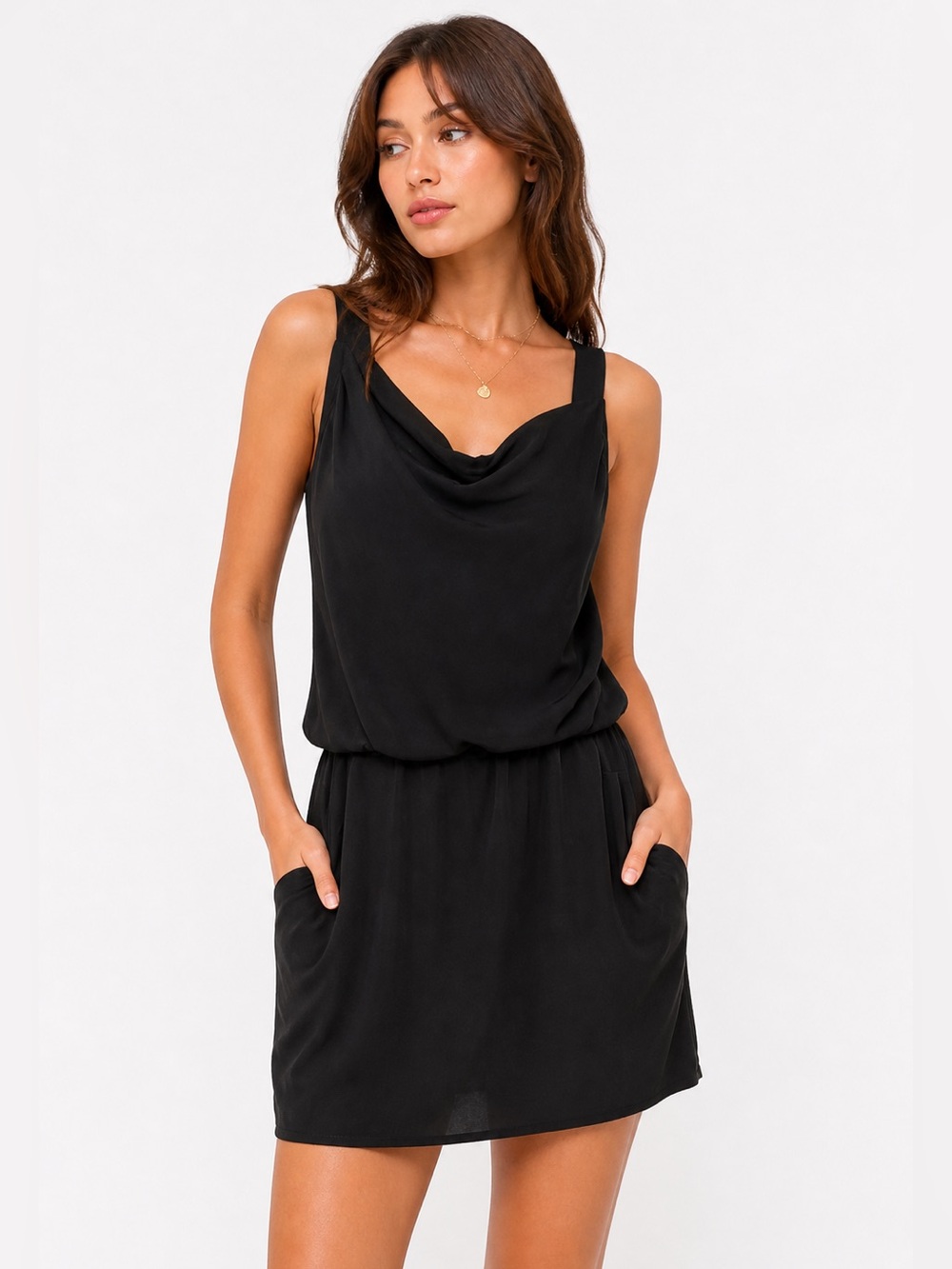 Theory Jaylyn Black Silk Mini Dress Draped Neck Sleeveless Pockets 4‎